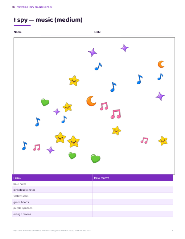 Preview of Printable Music I Spy Counting Sheet