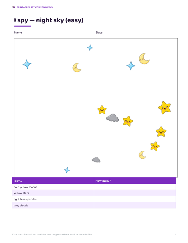 Preview of I Spy Night Sky Counting Printable