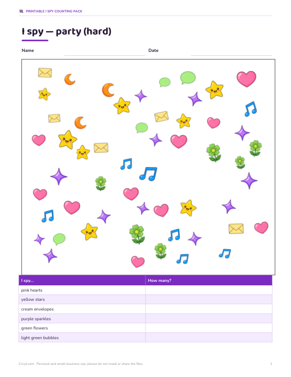 Preview of Printable Party I Spy Counting Sheet